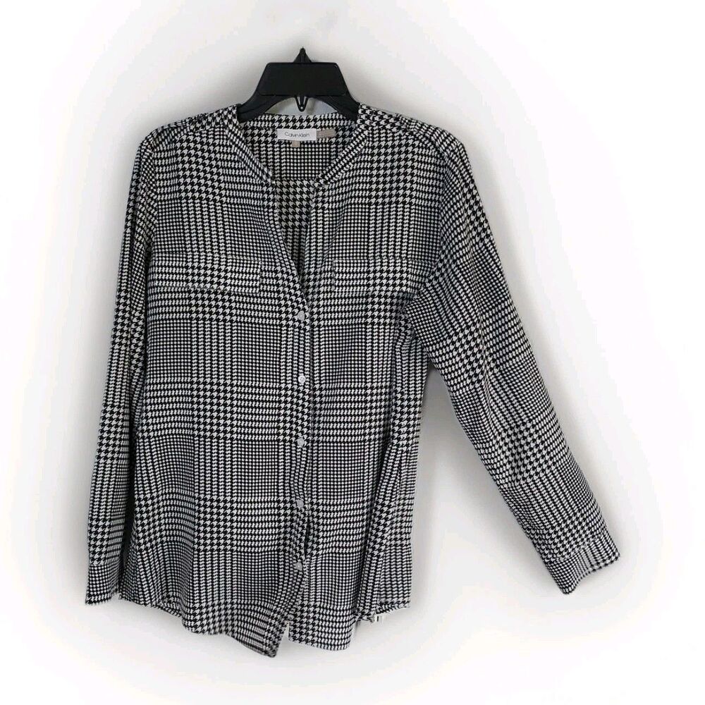 Calvin Klein Black & White Houndstooth Roll-Tab Sleeve Button-Up Top Size Medium
